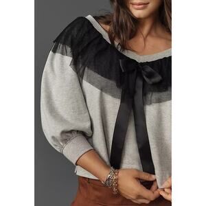 Maeve Anthropologie V-Neck Black Bow Ruffle Top 3/4 Sleeve Blouse